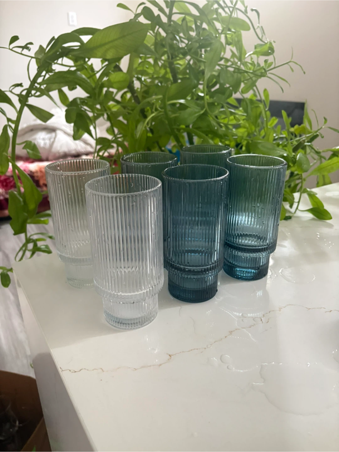 Set of 6 ribbed candle holder - clear & blue