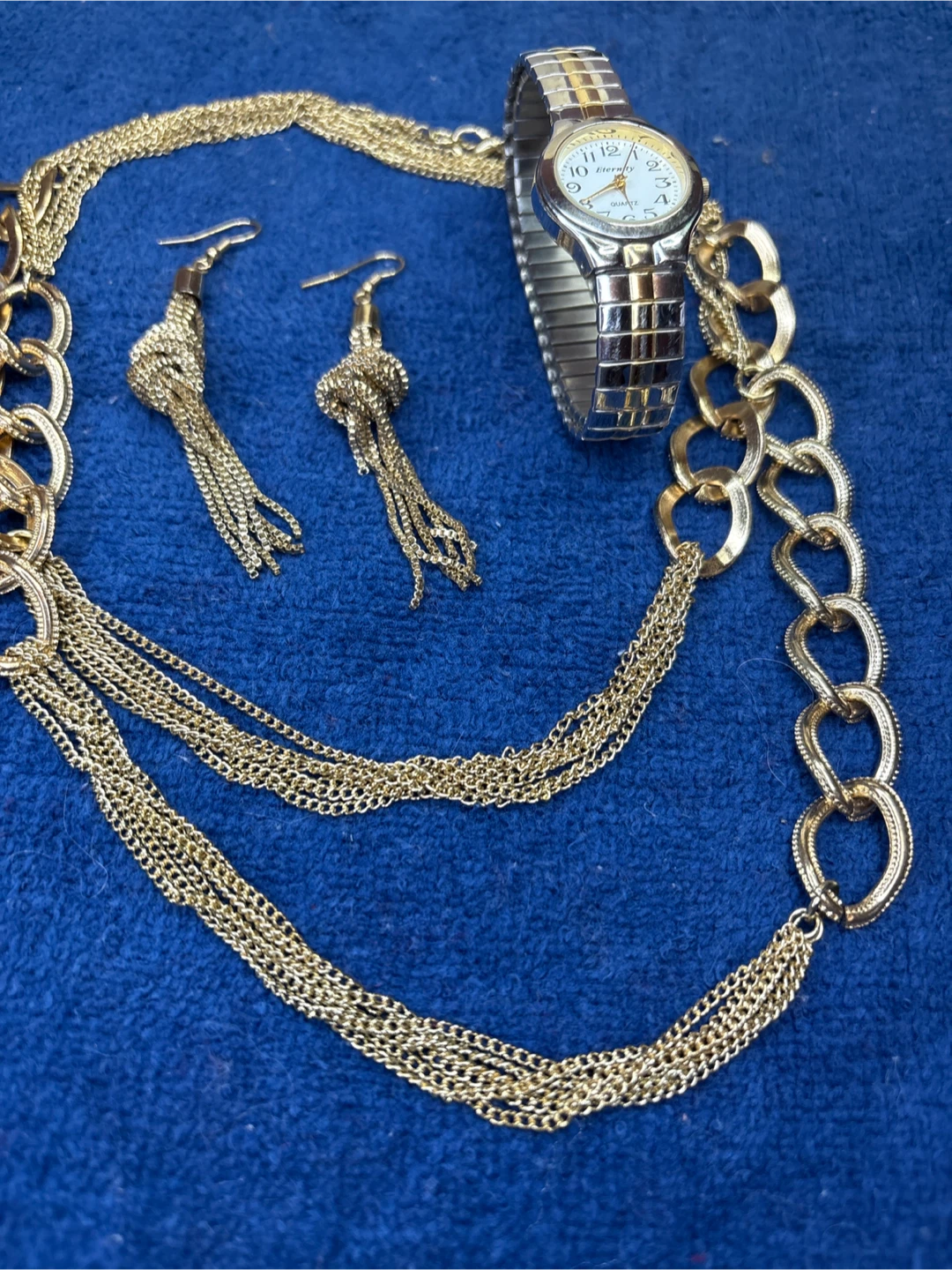 Eternity Quartz Watch with Gold Tone Necklace and Earrings Set
