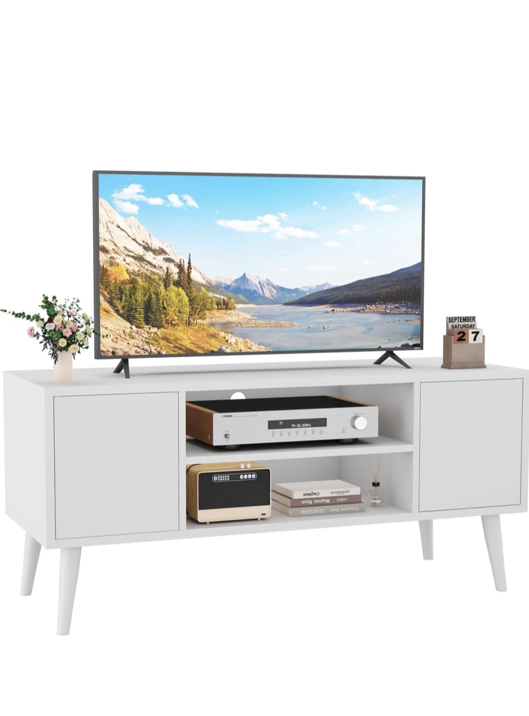 HOMEFORT Retro White TV Stand - Mid-Century Console Table