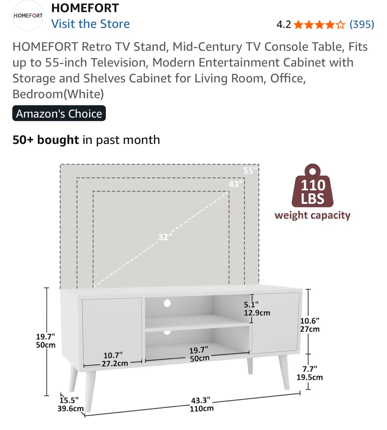 HOMEFORT Retro White TV Stand - Mid-Century Console Table - photo 2