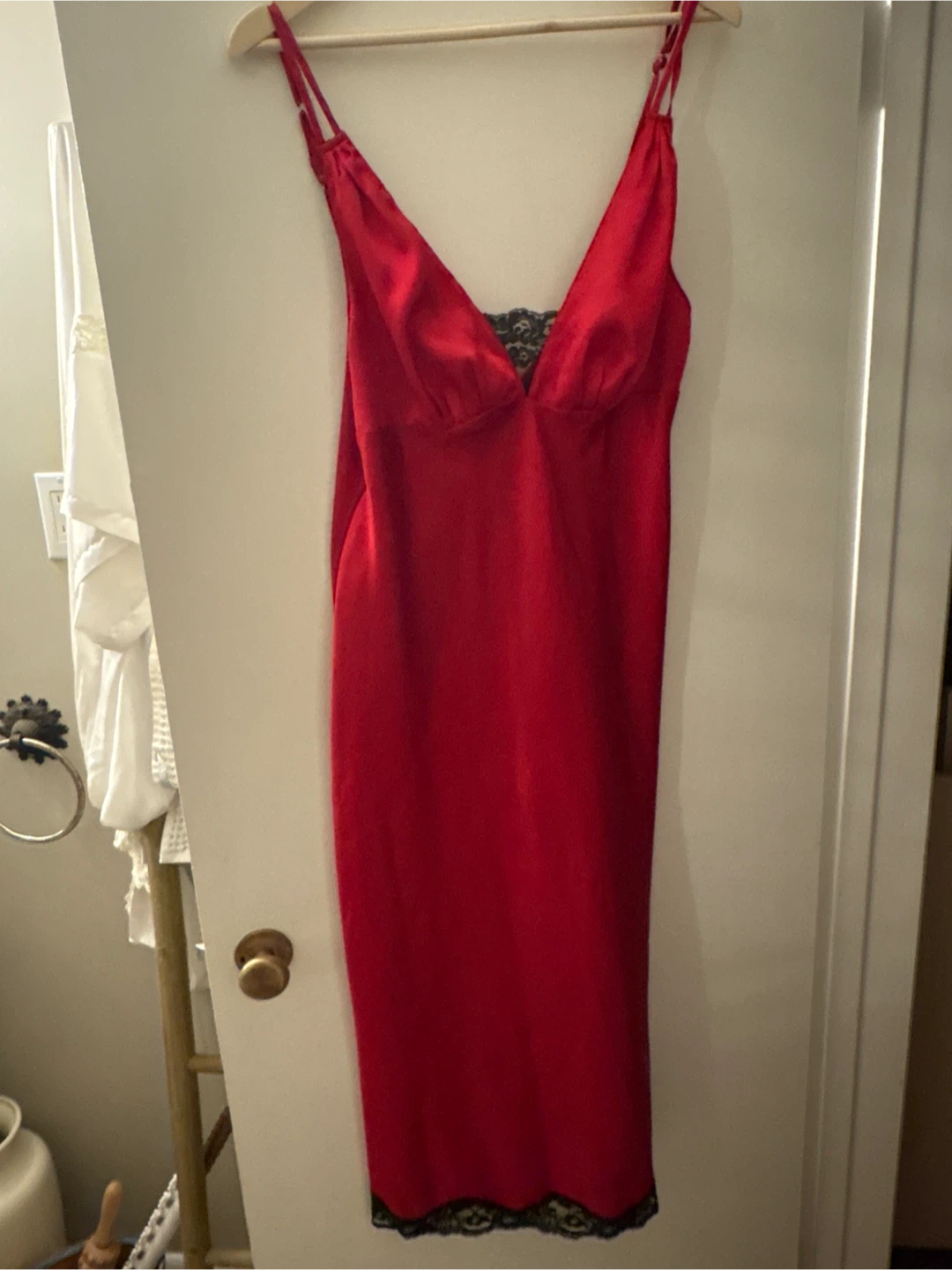 Red Satin Slip Dress with Black Lace Trim - Size M - photo 4