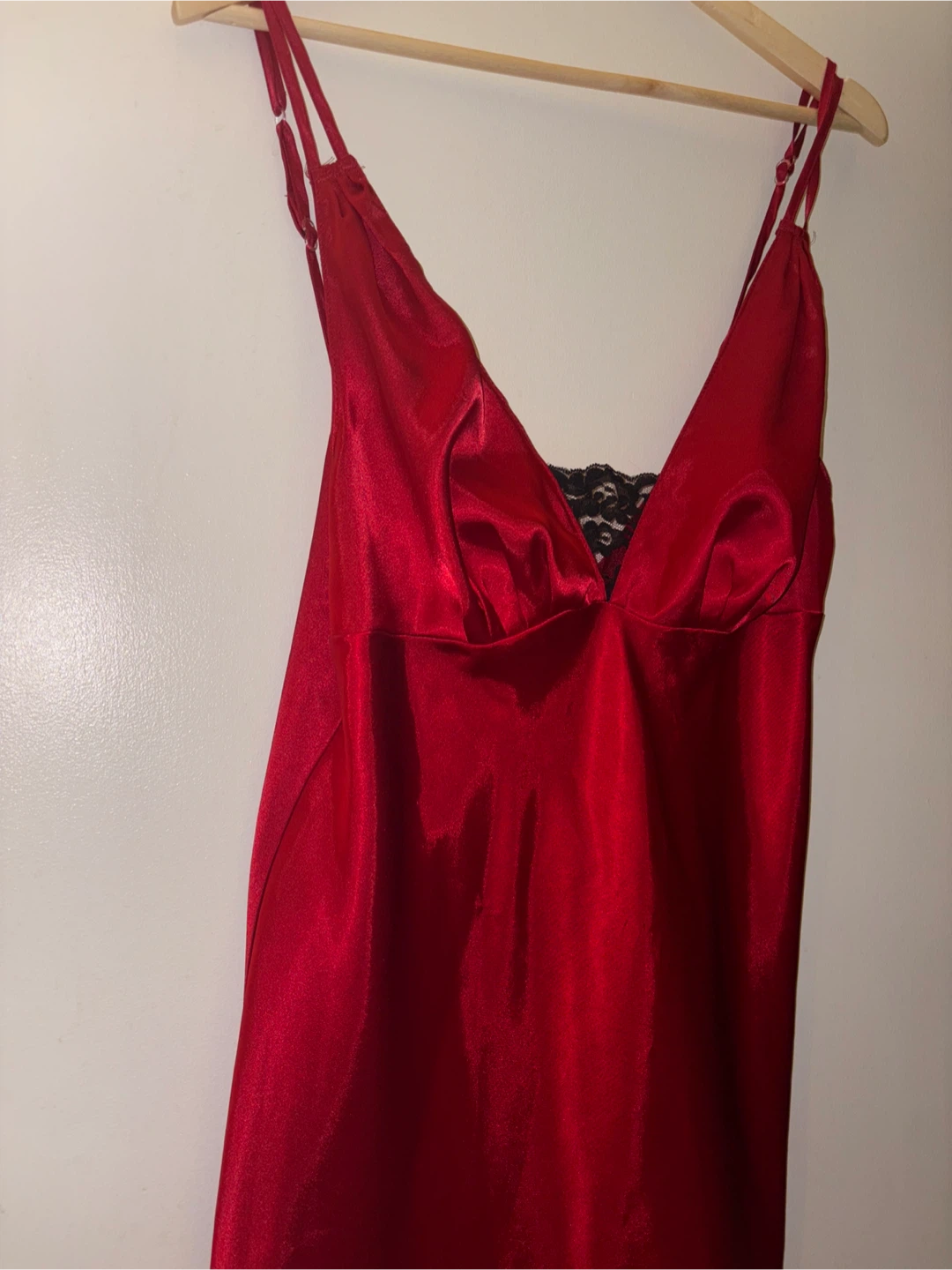 Red Satin Slip Dress with Black Lace Trim - Size M - photo 2
