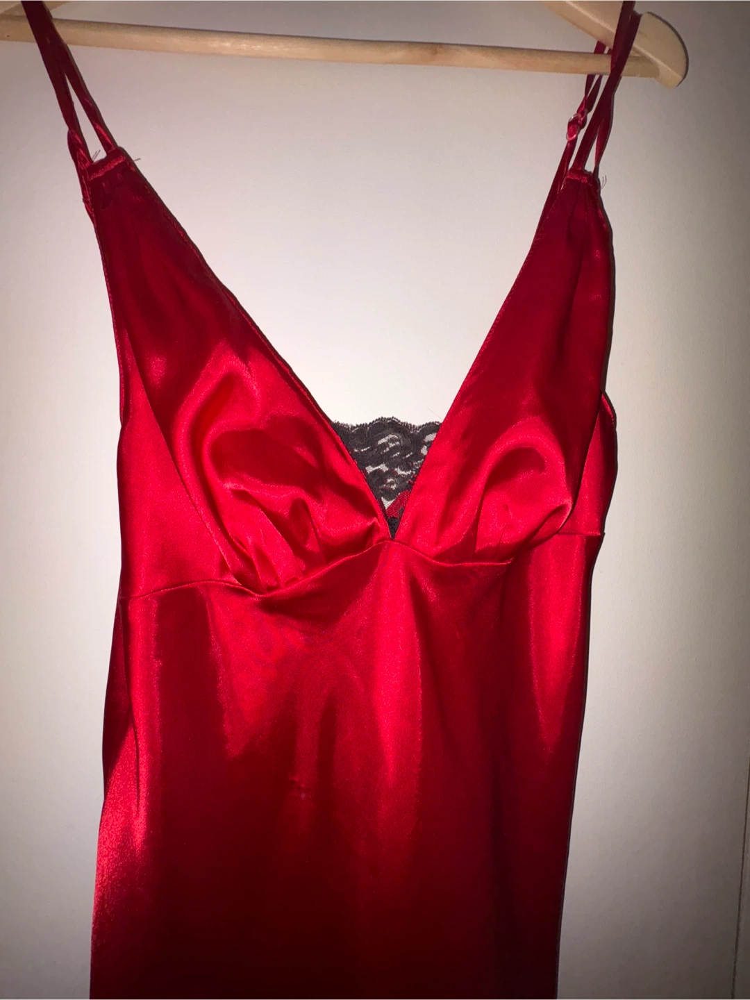 Red Satin Slip Dress with Black Lace Trim - Size M