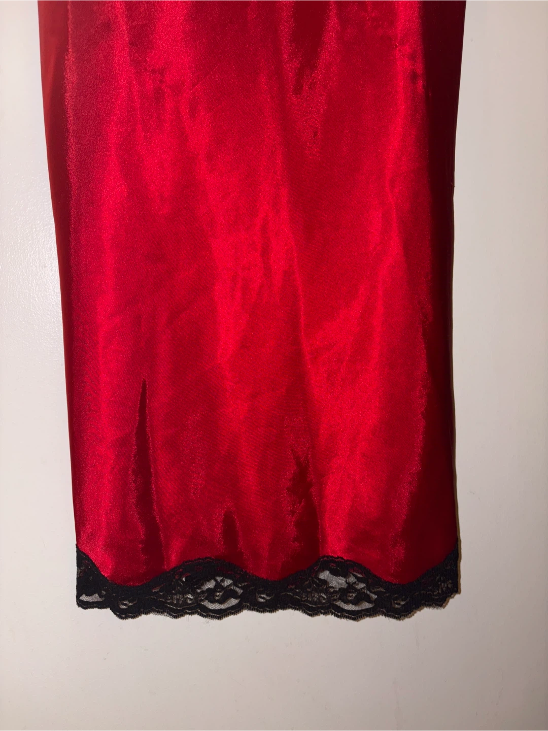 Red Satin Slip Dress with Black Lace Trim - Size M - photo 3