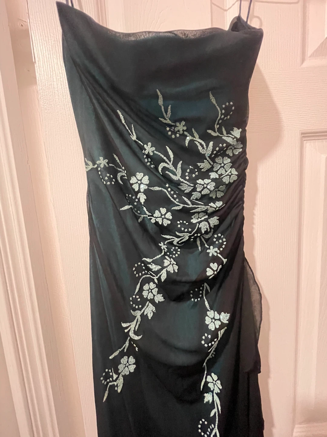 Green Ruched Strapless Dress with Floral Embroidery