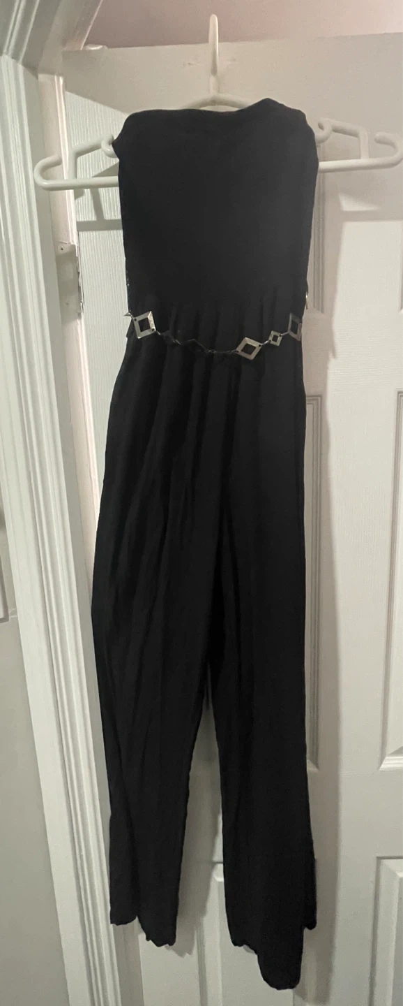 Guess Black Strapless Jumpsuit with Silver Chain Belt