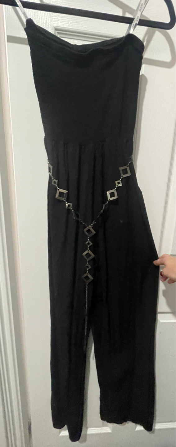 Guess Black Strapless Jumpsuit with Silver Chain Belt - photo 3