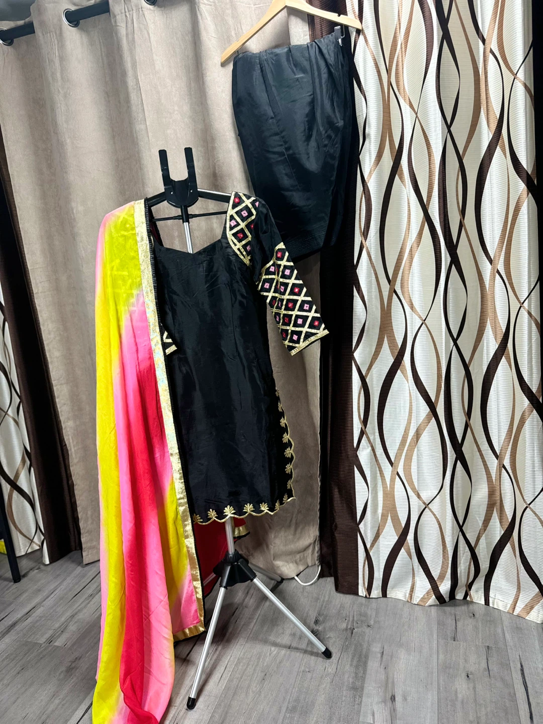 Black suit with Embellished Sleeves and Multicoloured Dupatta