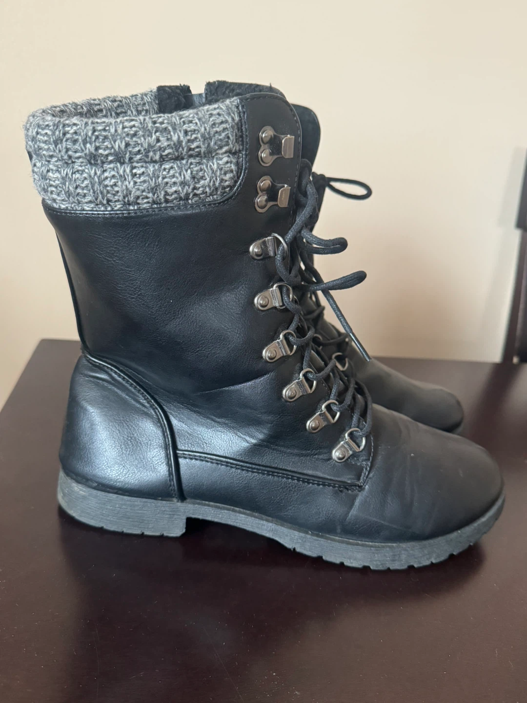 Black Lace-Up Boots with Knit Cuffs