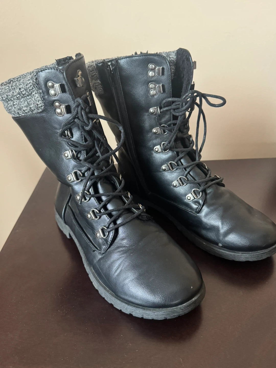Black Lace-Up Boots with Knit Cuffs - photo 5