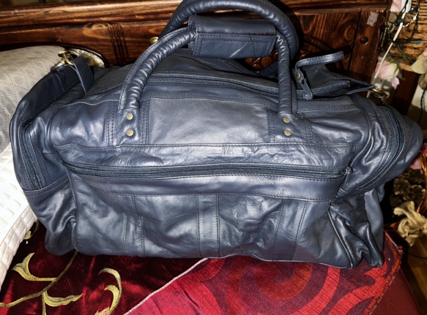 New-Dark Blue Leather Duffel Bag