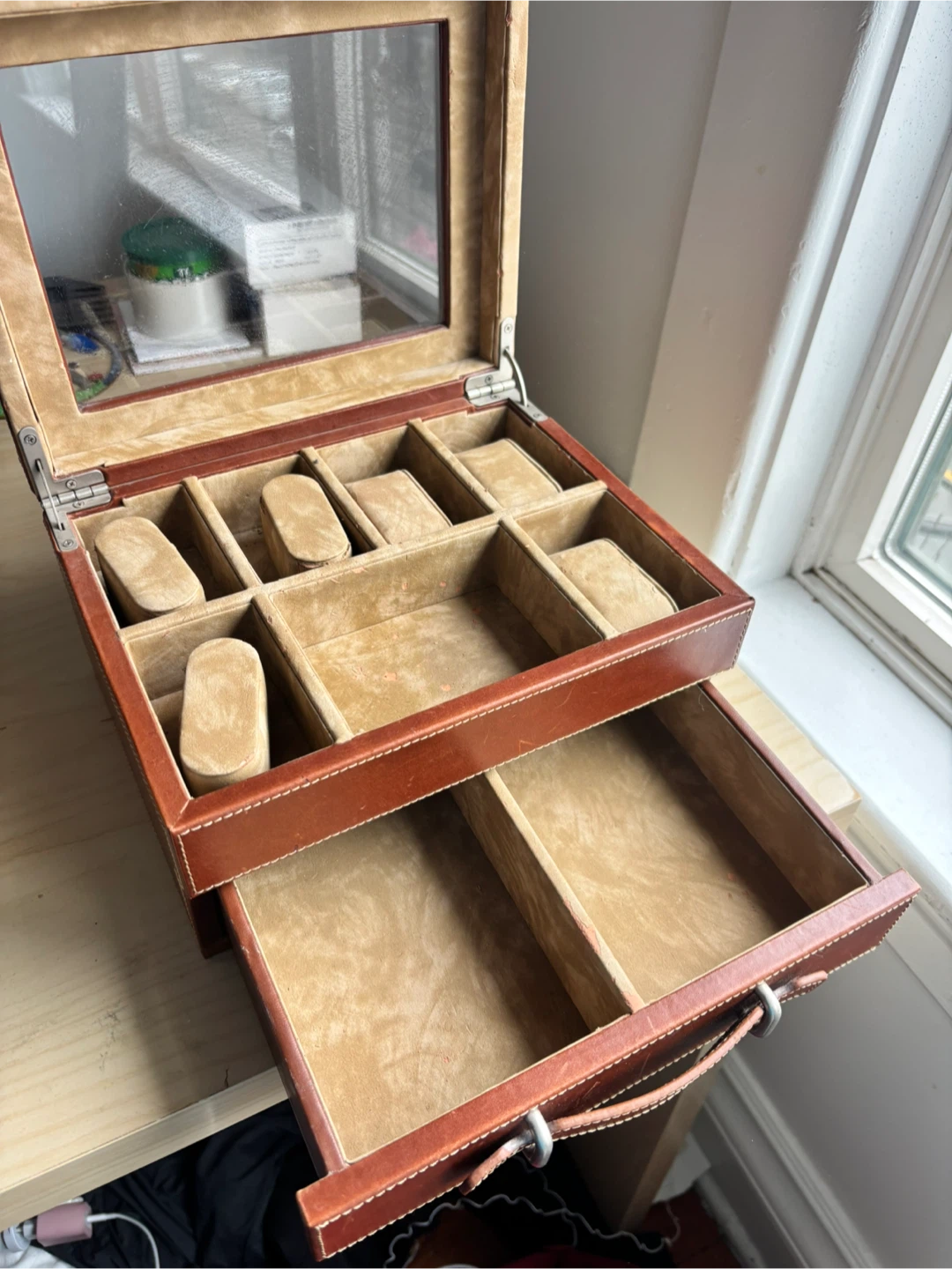 Brown Faux Leather Watch and Jewellery Box with Drawer
