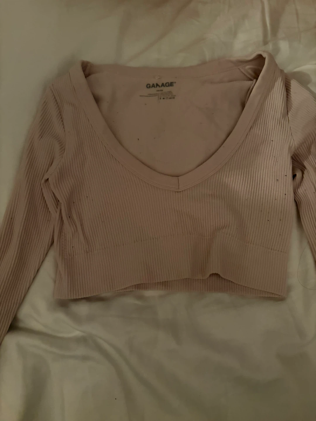 Garage Pink Ribbed V-Neck Long Sleeve Crop Top