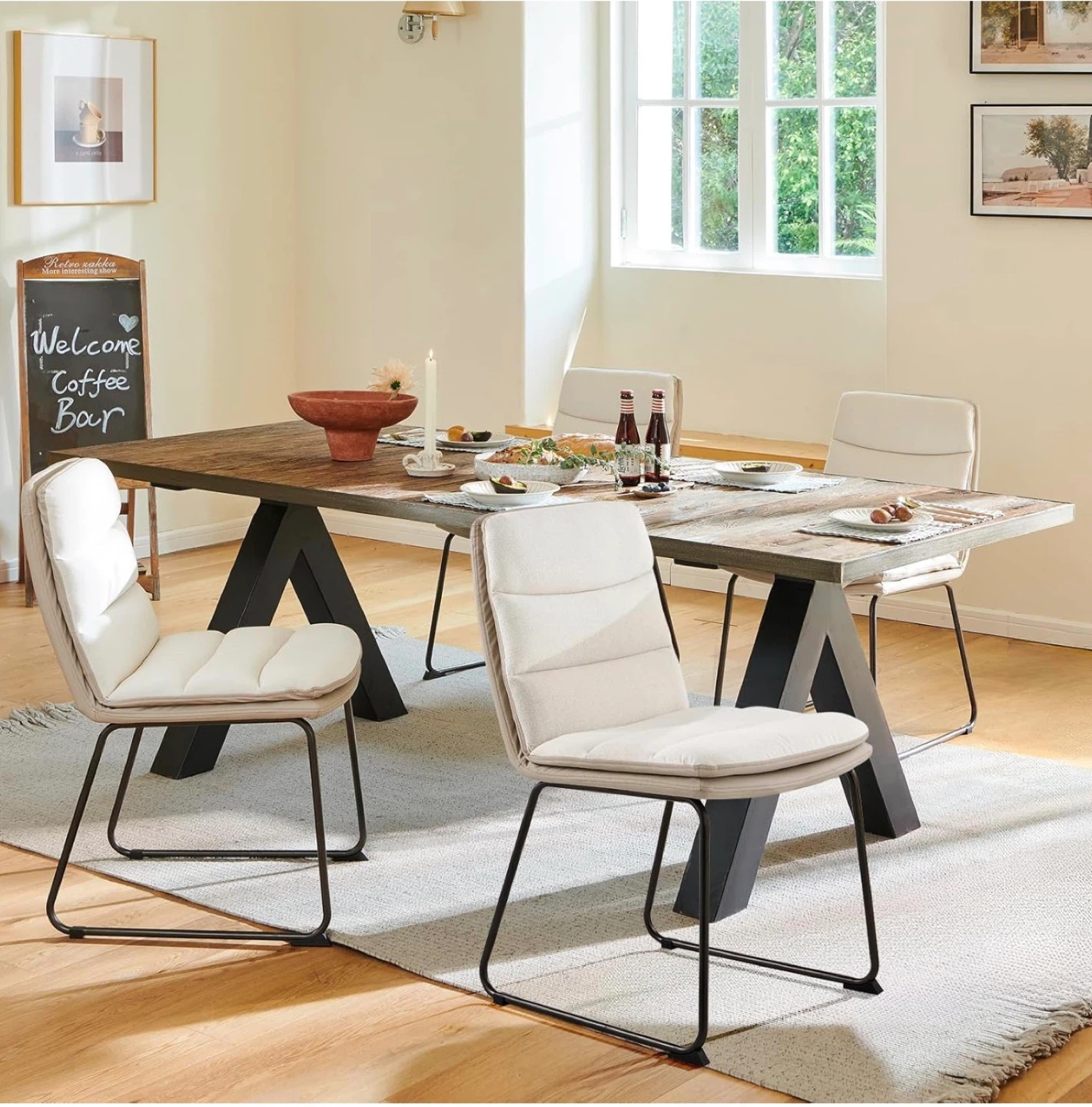 Set of 4 Beige Upholstered Dining Chairs