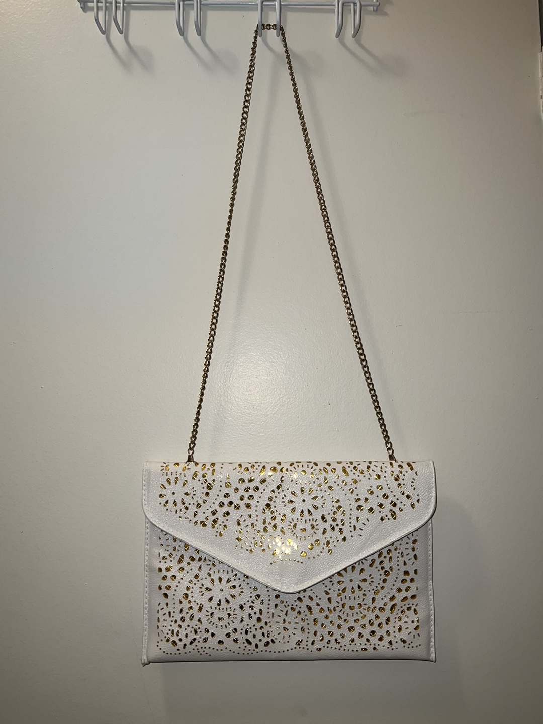 New-White Clutch with Gold Cutout Detail