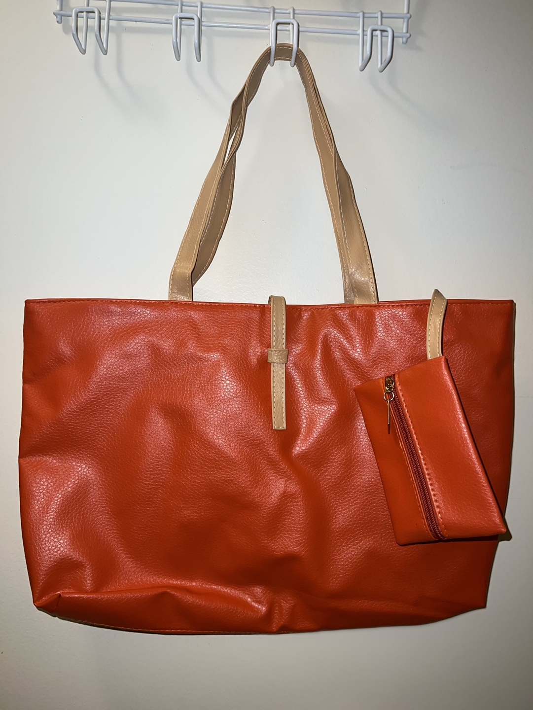 New-Orange Faux Leather Tote Bag with Matching Pouch