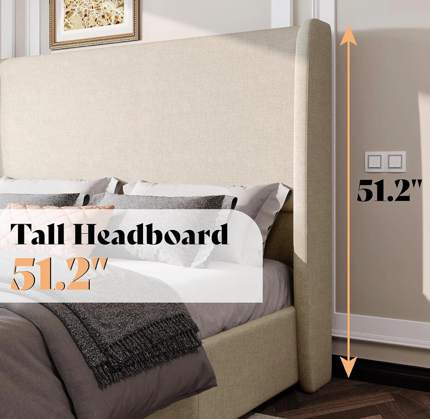 King Storage Bed Frame with Tall Headboard - Beige Linen - photo 4