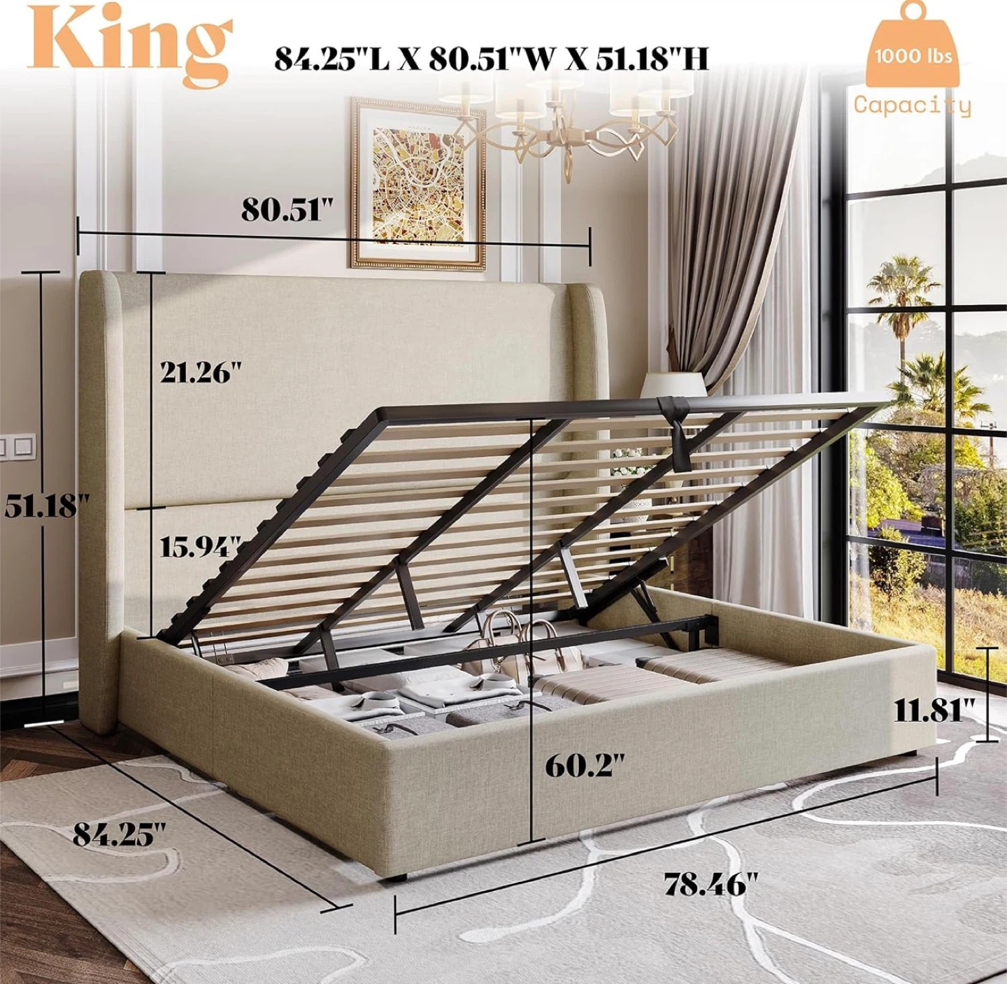 King Storage Bed Frame with Tall Headboard - Beige Linen - photo 2