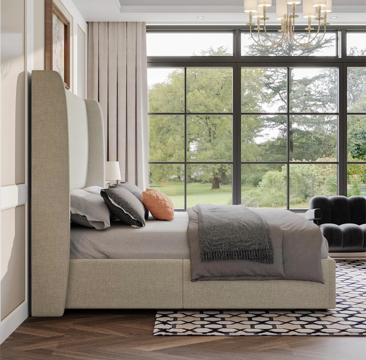 King Storage Bed Frame with Tall Headboard - Beige Linen - photo 5