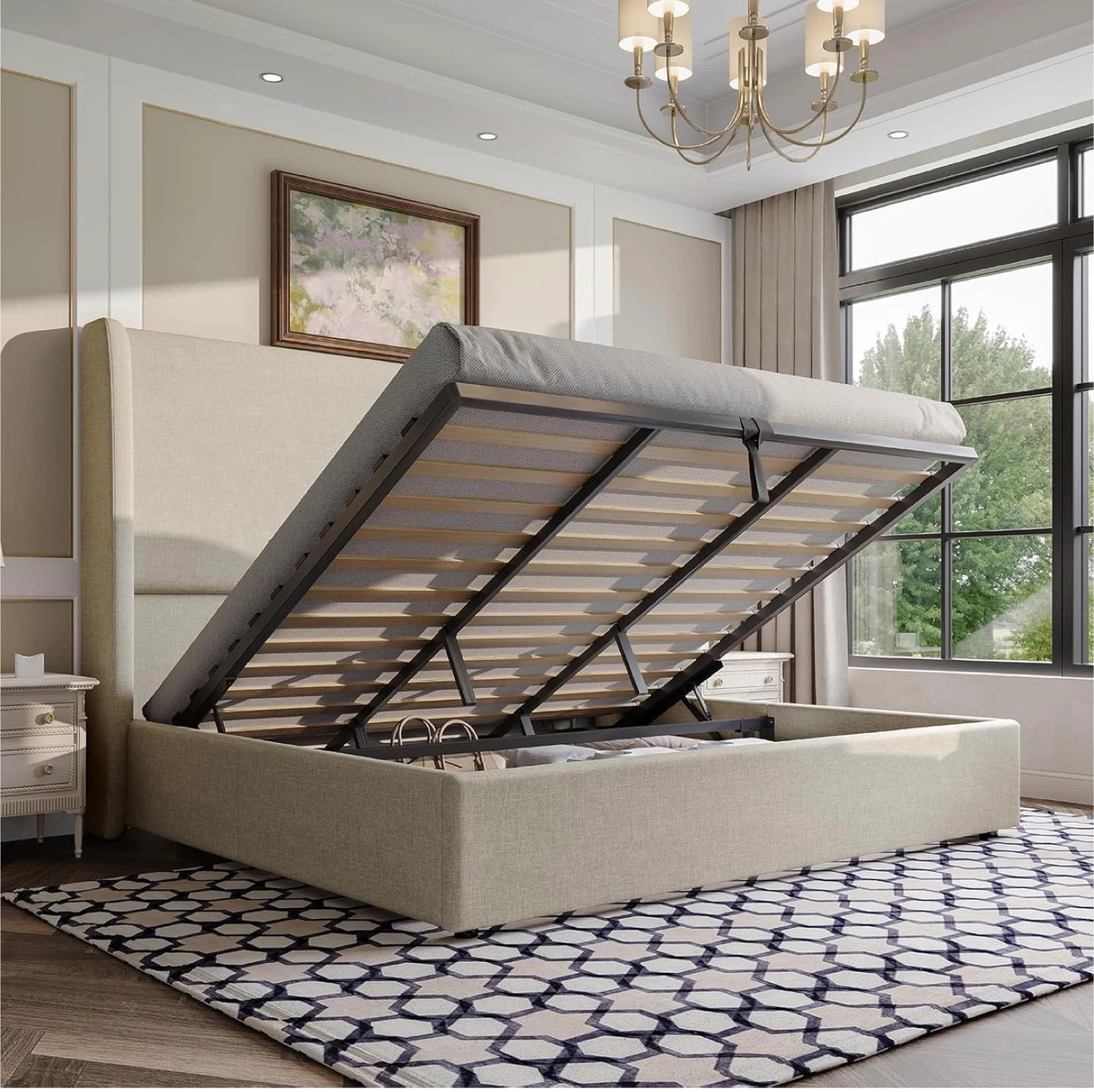 King Storage Bed Frame with Tall Headboard - Beige Linen