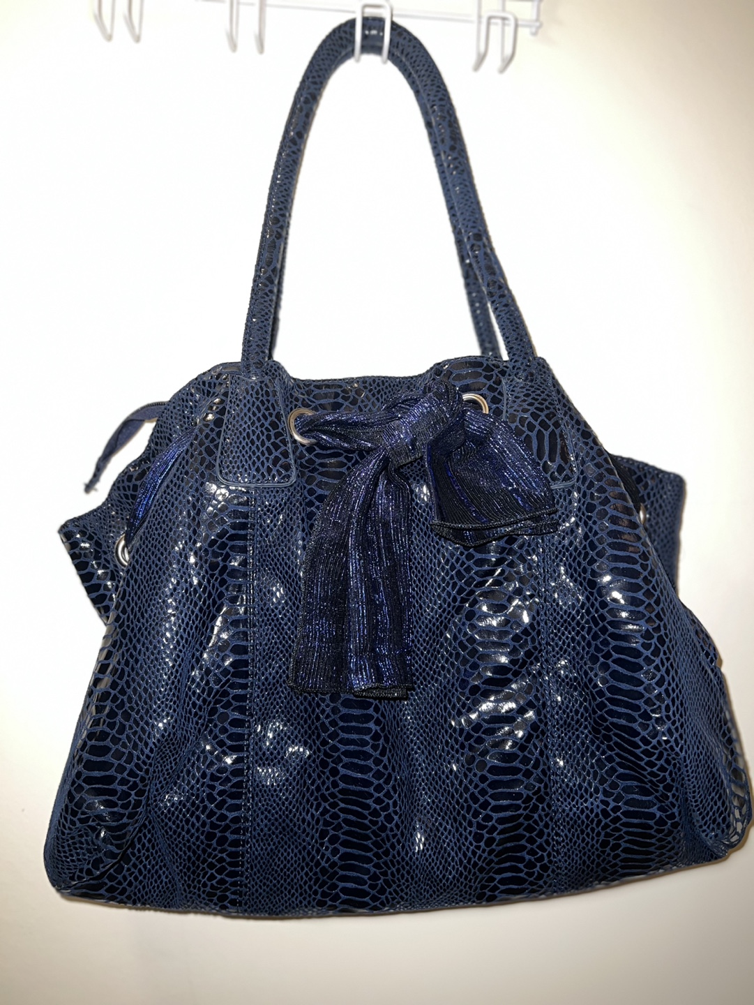 Blue Faux Snakeskin Hobo Handbag