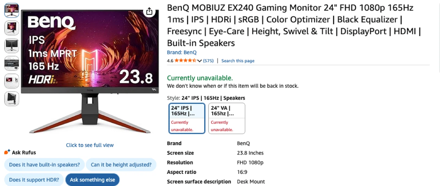 BenQ MOBIUS EX240 Gaming Monitor 24" FHD 1080p 165Hz - photo 2