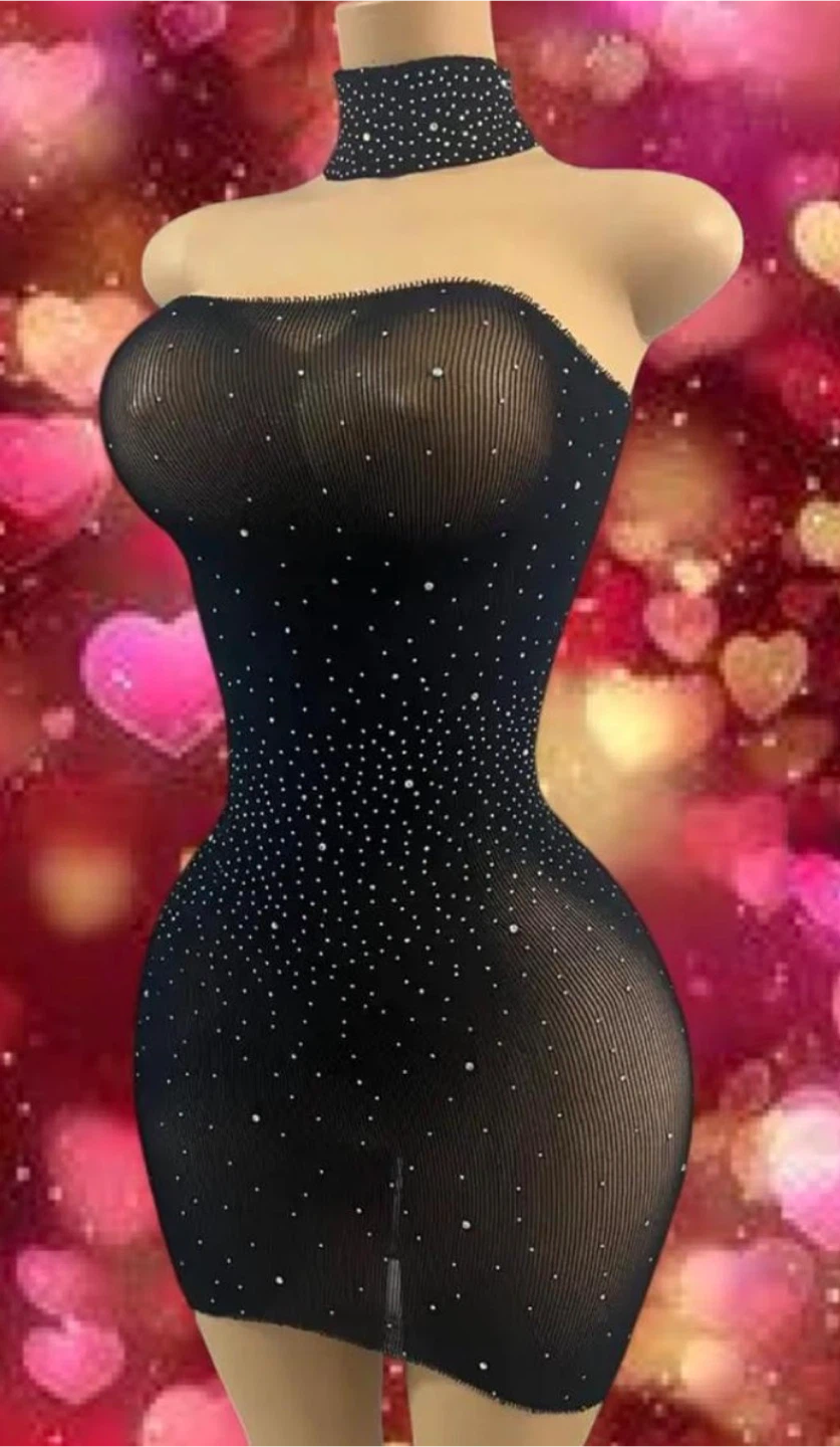 Sheer Rhinestone Bodycon Mini Dress with Choker