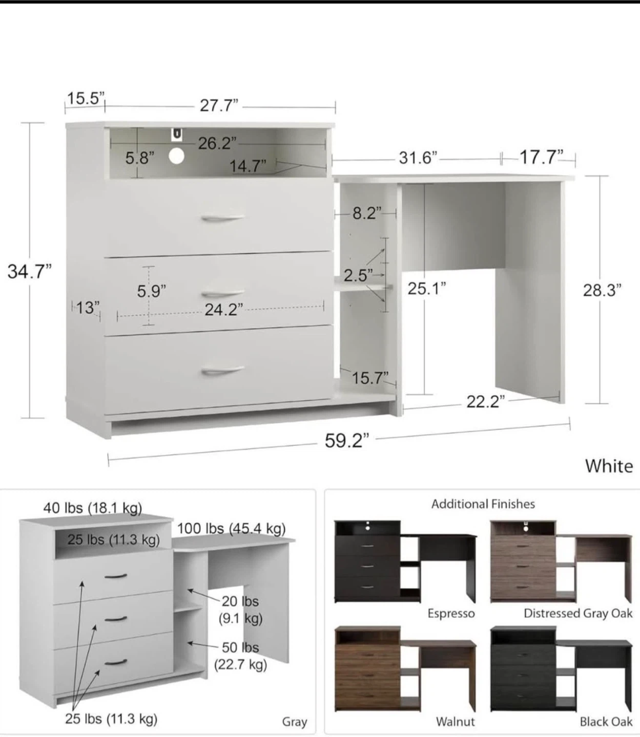 Gray 3-Drawer Dresser with Desk Combo - photo 2