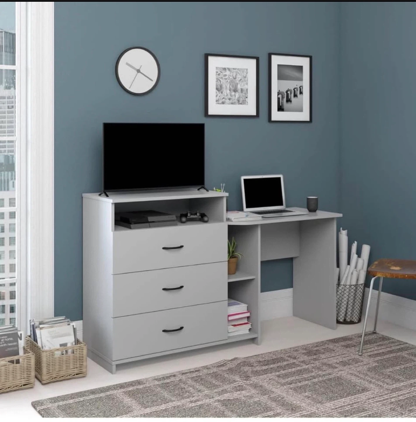 Gray 3-Drawer Dresser with Desk Combo