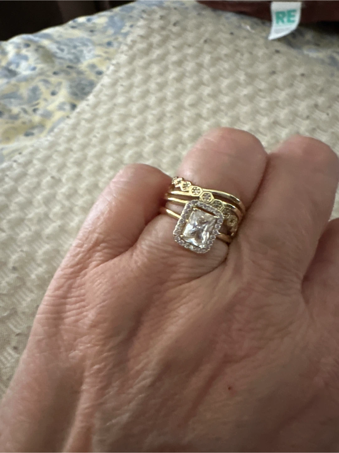 14k Gold laminated Halo Ring Set with Square Cut Center Stone