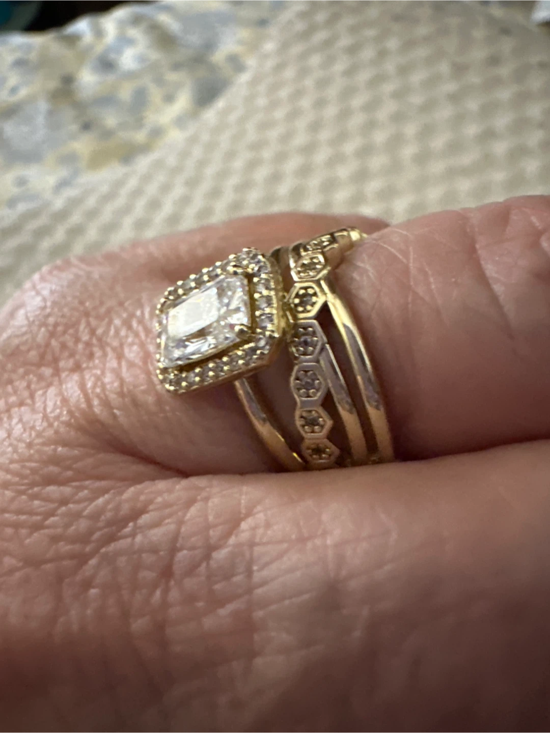 14k Gold laminated Halo Ring Set with Square Cut Center Stone - photo 2