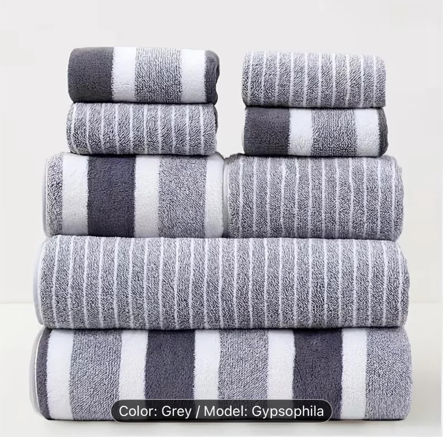 Set of 8 pieces Grey Striped Bath Towels