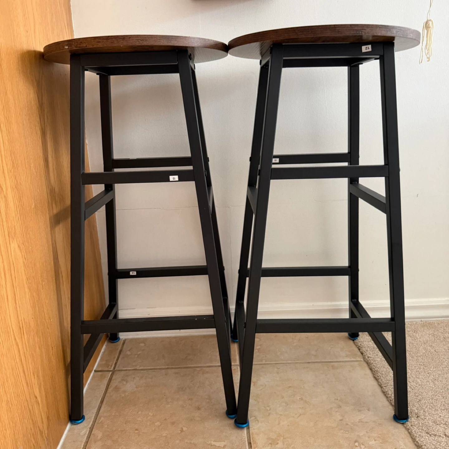 Set of 2 Bar Stools - Wood Top, Black Metal Frame