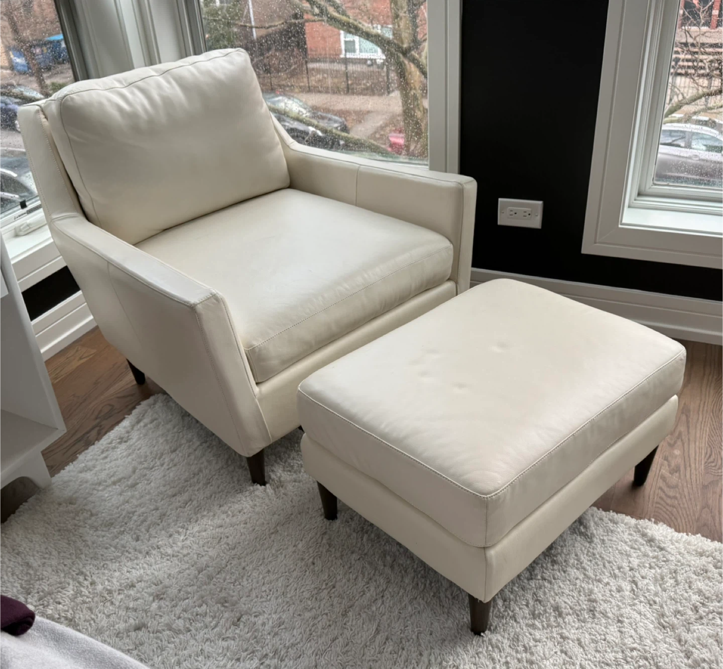 West Elm Cream Leather mid century Armchair with Ottoman