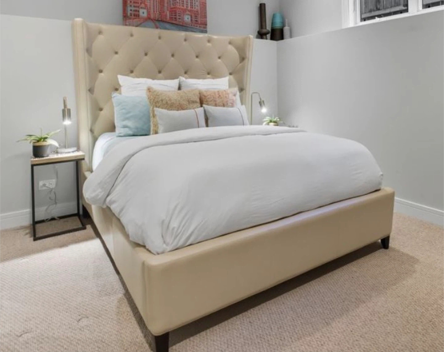 Tufted Leather Wingback Queen Bed Frame