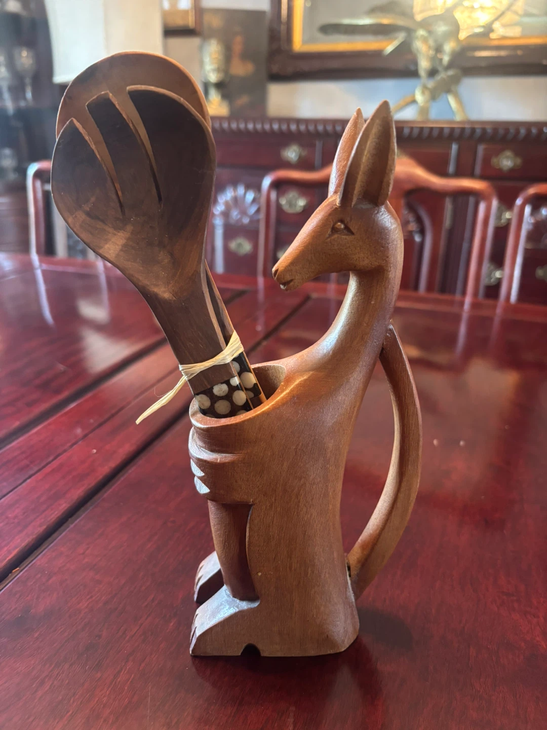 Wooden Kangaroo Salad Servers with Holder