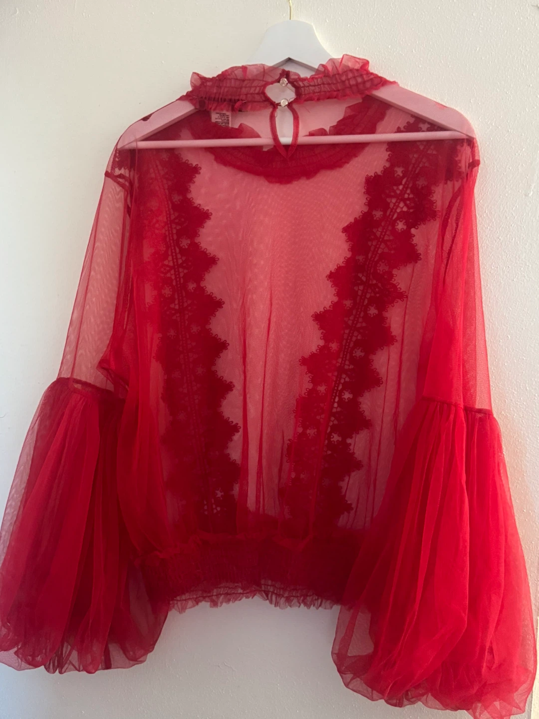 Red Sheer Lace Trim Balloon Sleeve Top - photo 2