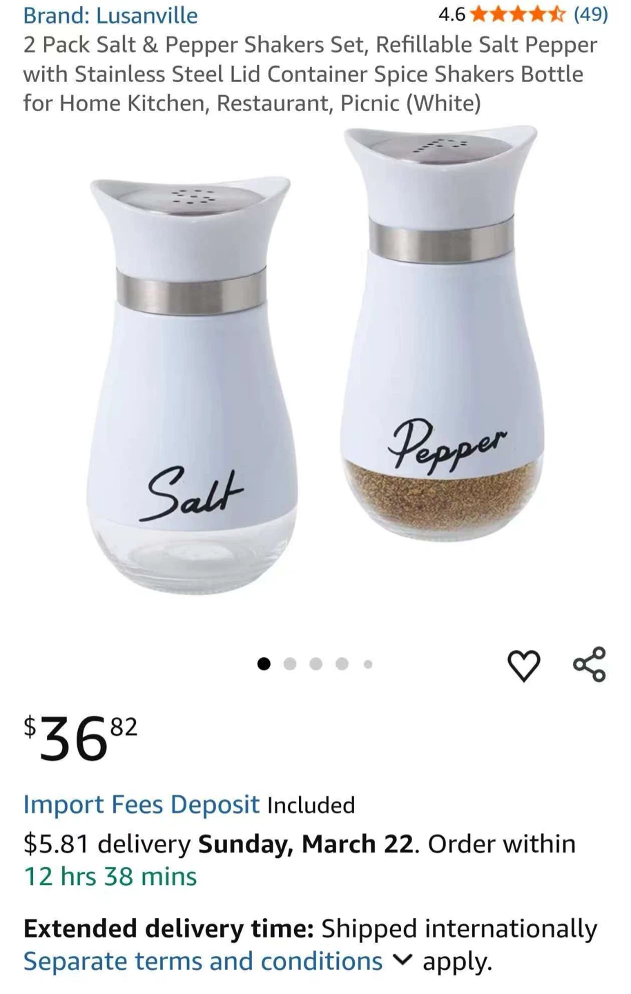 2 Pack White Salt & Pepper Shakers Set