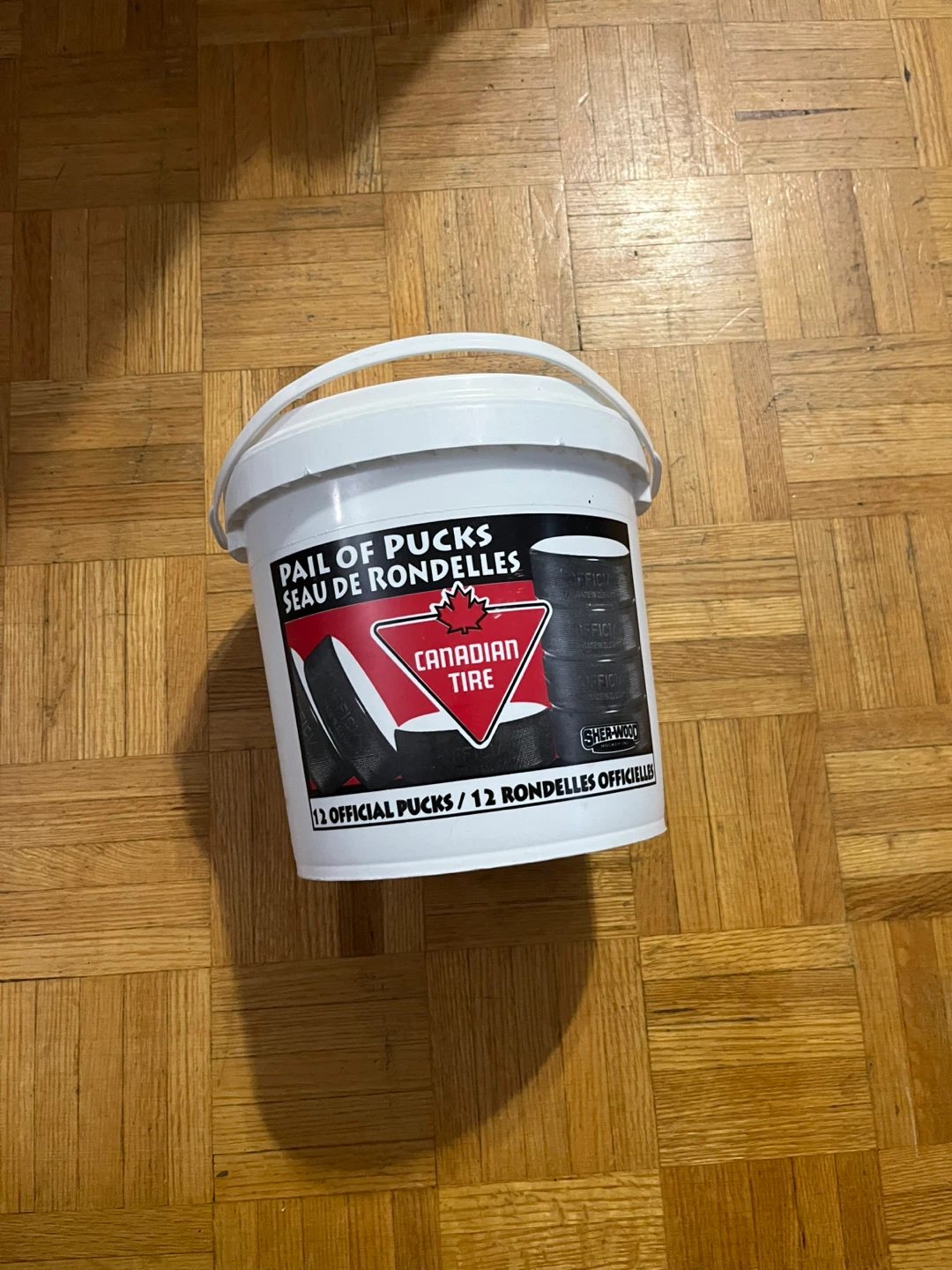 Bucket & 15 hockey pucks