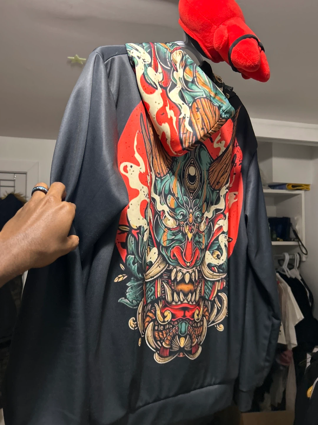 Hoodie with Japanese Oni Mask Graphic - photo 2