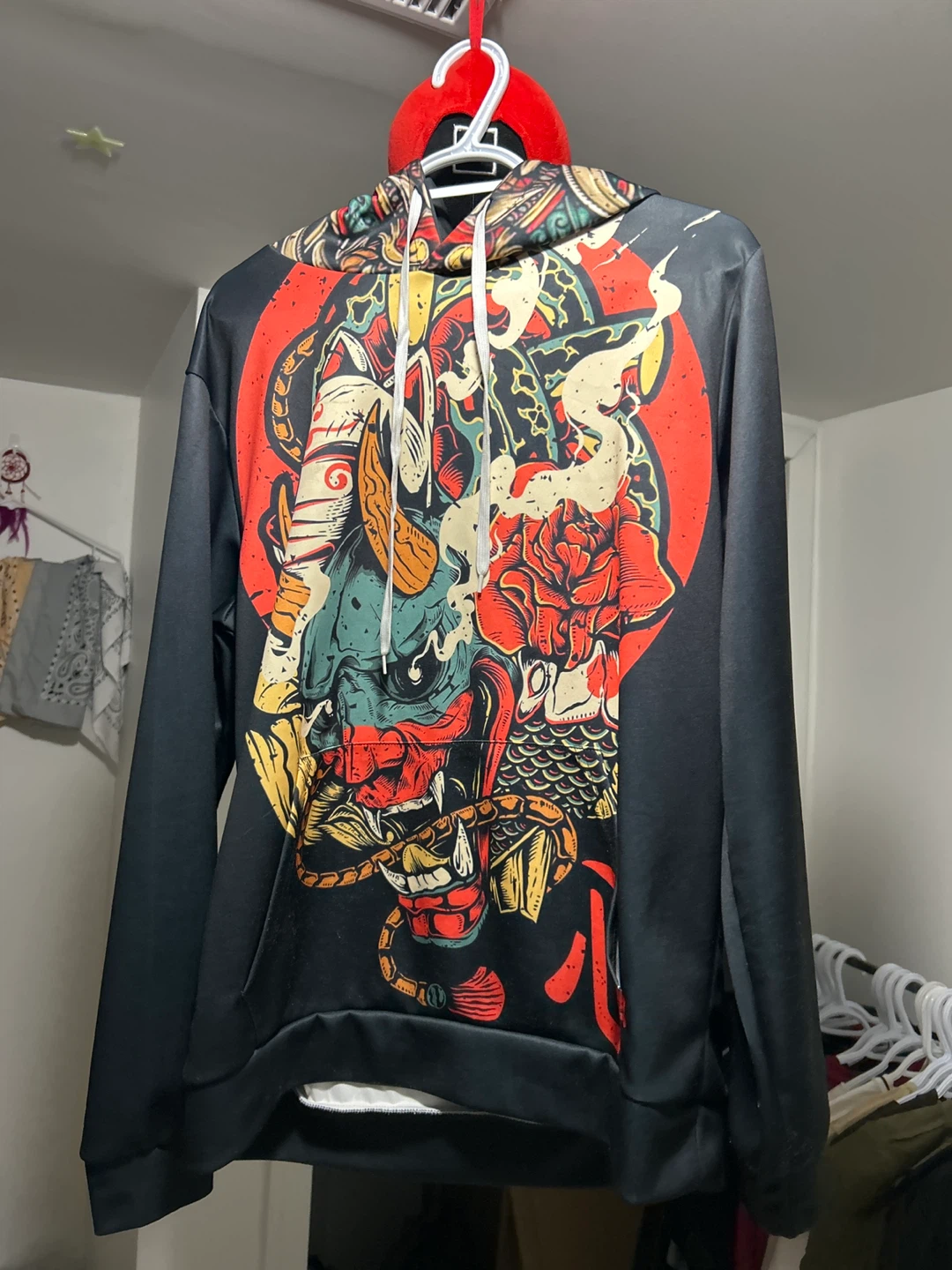 Hoodie with Japanese Oni Mask Graphic