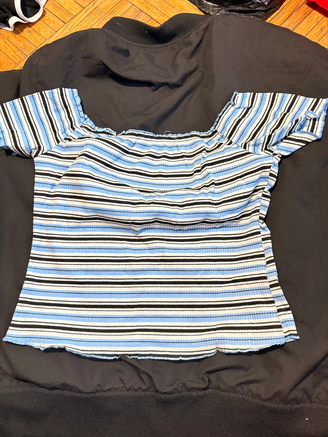 Blue, Black, and White Striped Off-the-Shoulder Top