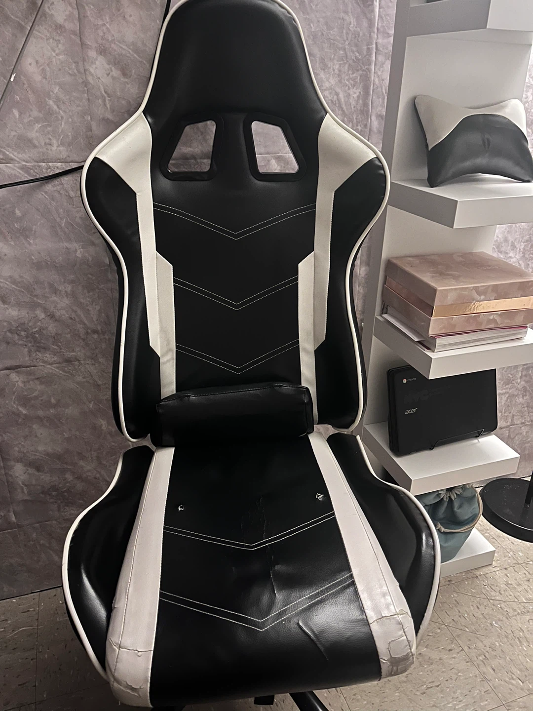 Black and White Racing Style Gaming Chair with Footrest - photo 3