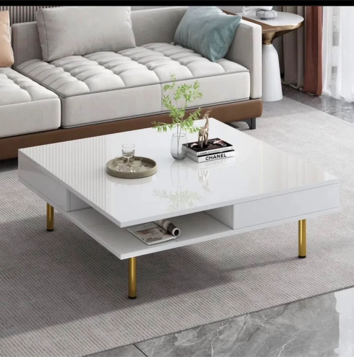 Modern White Square Coffee Table with Storage