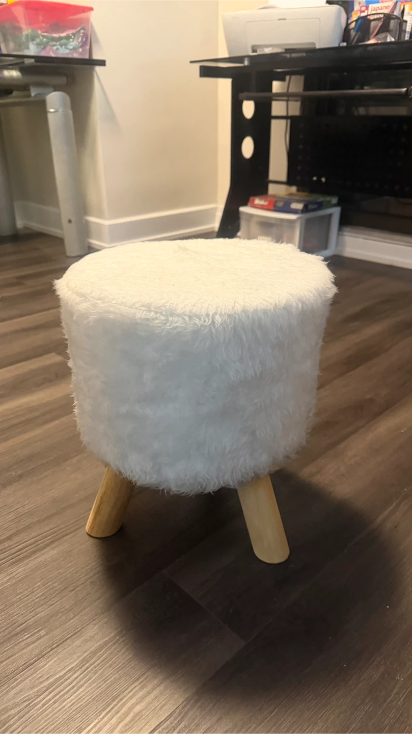 White Faux Fur Round Footstool Ottoman