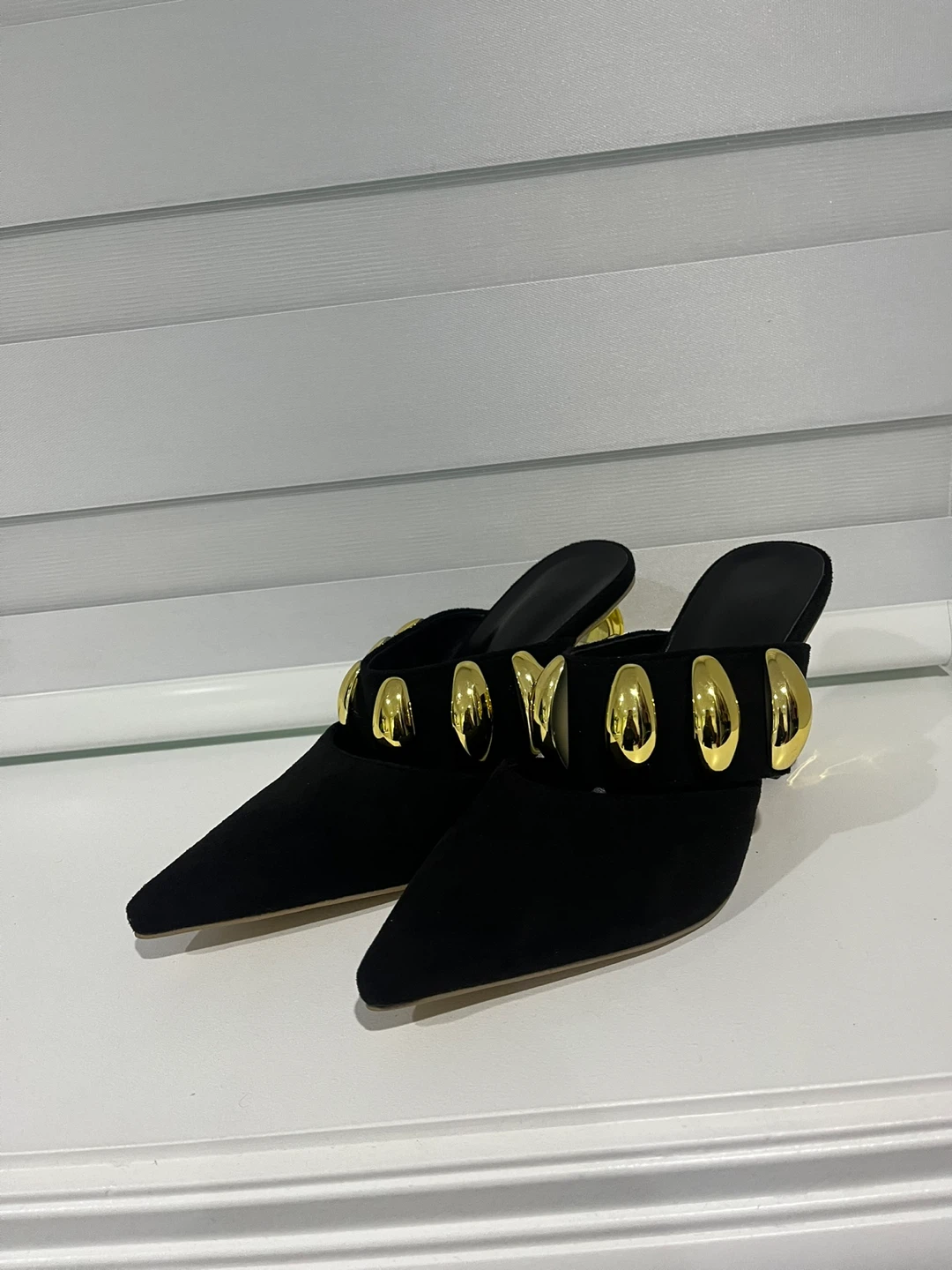 Black Suede Mules with Gold Accents