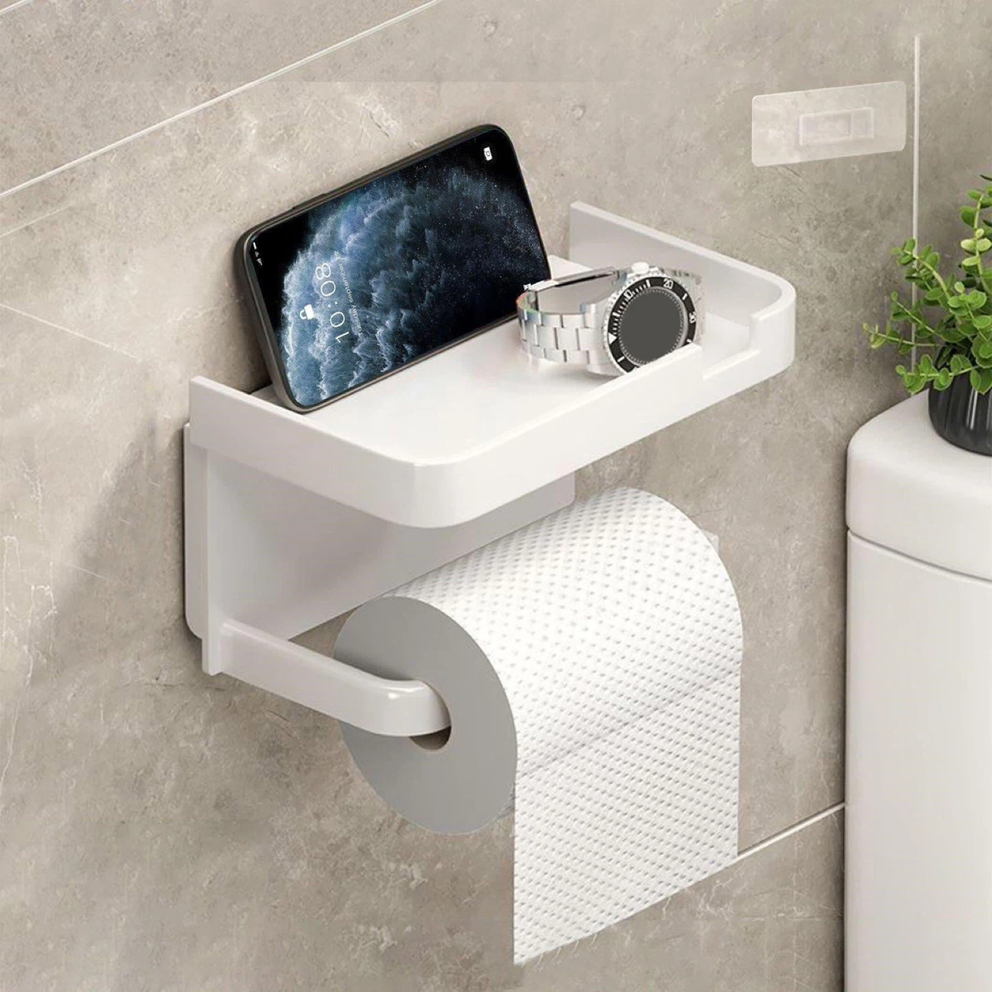 White Wall-Mounted Toilet Paper Holder with Shelf - photo 2