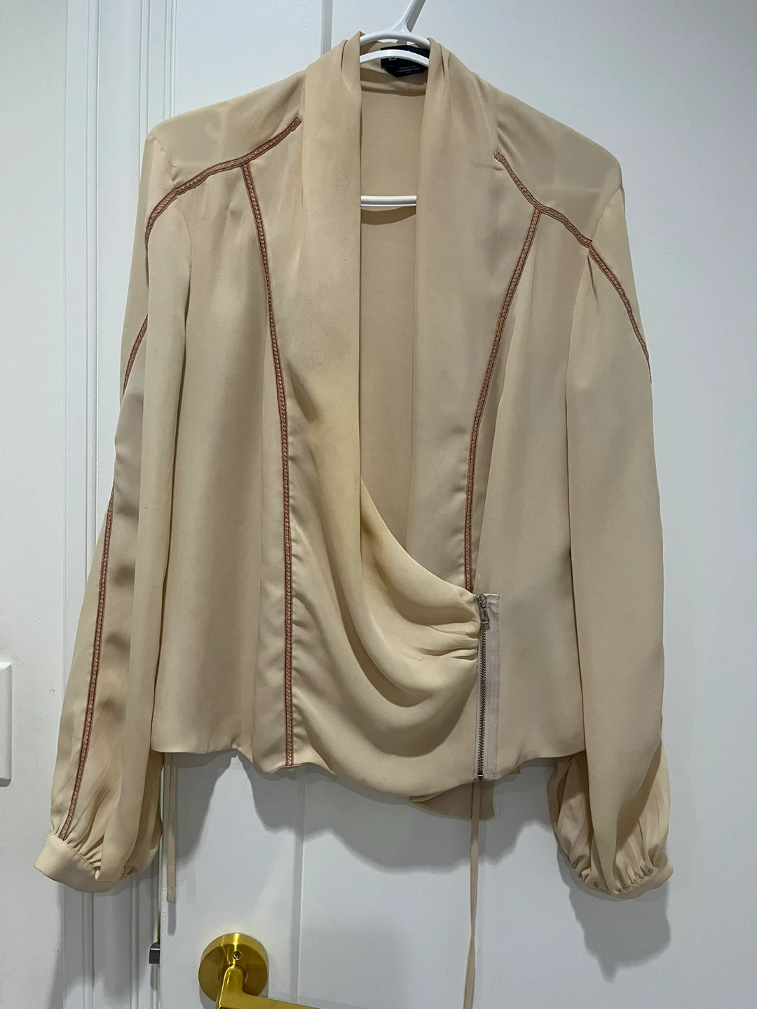 Bebe Beige Draped Blouse with Zipper Detail - Size L/G
