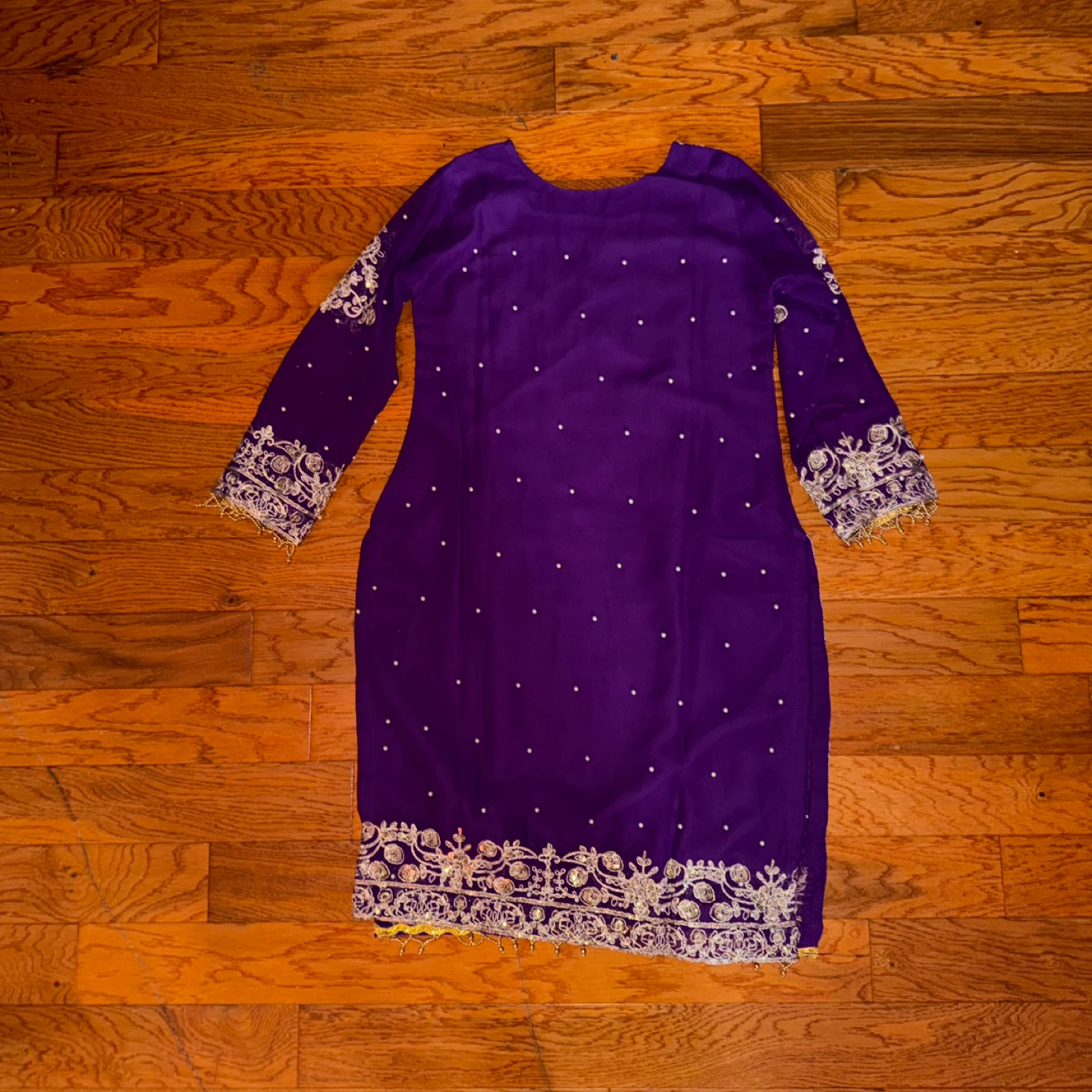 Purple Pearled Kurti Top with Lehenga Skirt and Shawl - photo 5