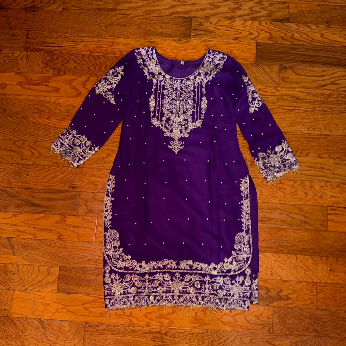 Purple Pearled Kurti Top with Lehenga Skirt and Shawl - photo 2